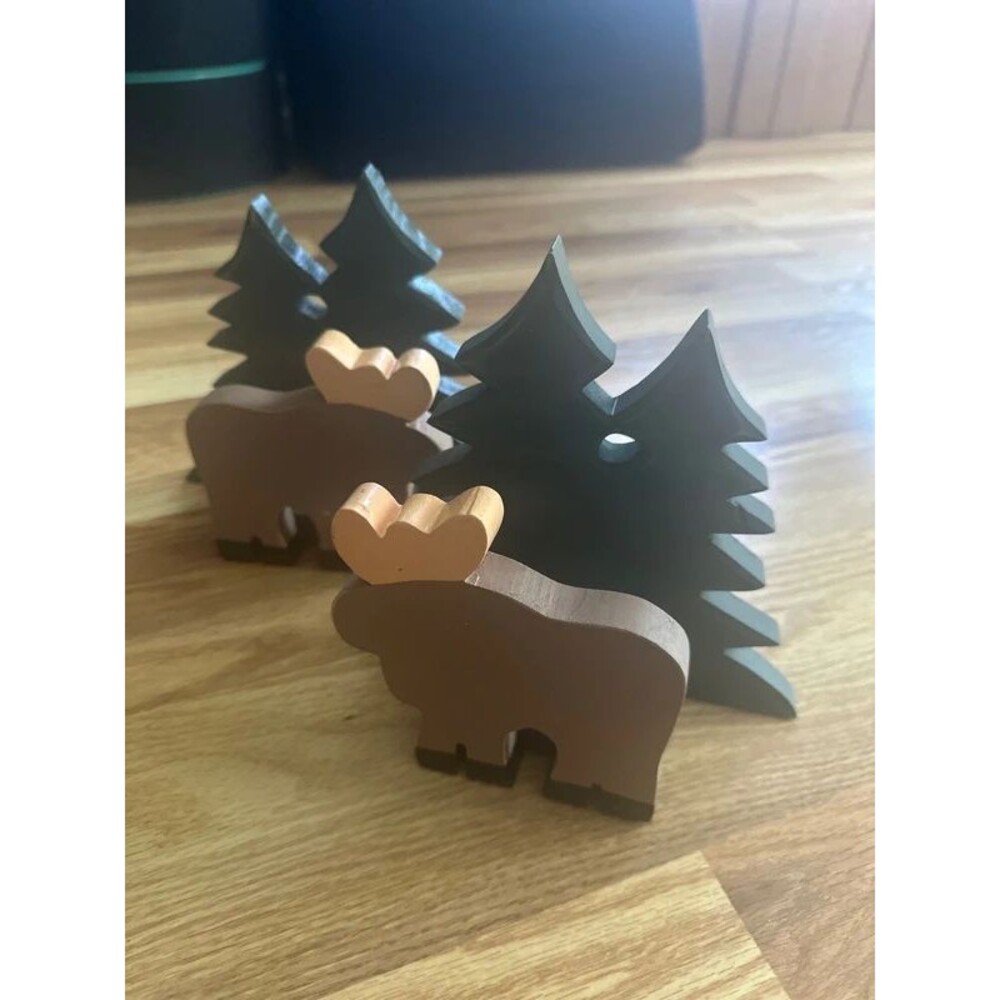 Set of two pine tree and moose wall hangings